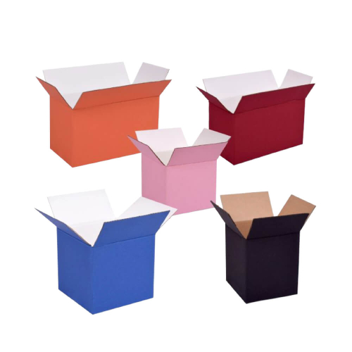 Five shipping boxes of various colors